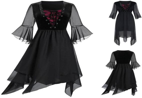 Party Dresses Women Evening Black 2021 Plus Size Sheer Mesh Layered Lace Up Handkerchief Gothic Dress Drop G7 Casual7490720