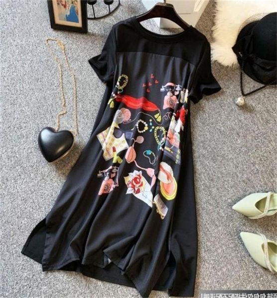 Summer Dress Women Large Size Slimming Loose Fashion Bellycovering Length Black Spliced Printing Vintage Oversized Dress 2206015417883