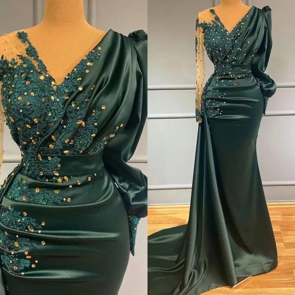 Dark green Mermaid Evening Dresses elegant v neck Beads appliques illusion sleeves Prom Dress Pleats Formal Long Red Carpet Dress for special occasion