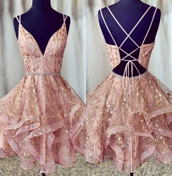 2023 Bling Rose Pink Short Prom Homecoming Dresses Ruffle Vneck Crystal Beaded Sashes Cocktail Party Dress Evening Formal Sweet 11985770
