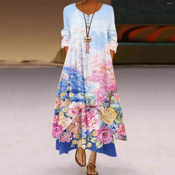 Casual Dresses Women Plus Size Loose Maxi Retro Elegance Flower Printed Long Sleeve V Neck Dress Bohemian Holiday Beach Vestidos