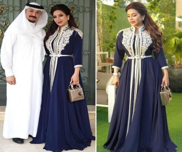 Navy Blue Chiffon Muslim Prom Formal Dresses 34 Long Sleeve 2021 Arabic Kaftan Caftan Morocco Abaya Lace Applique Evening Gown3149266