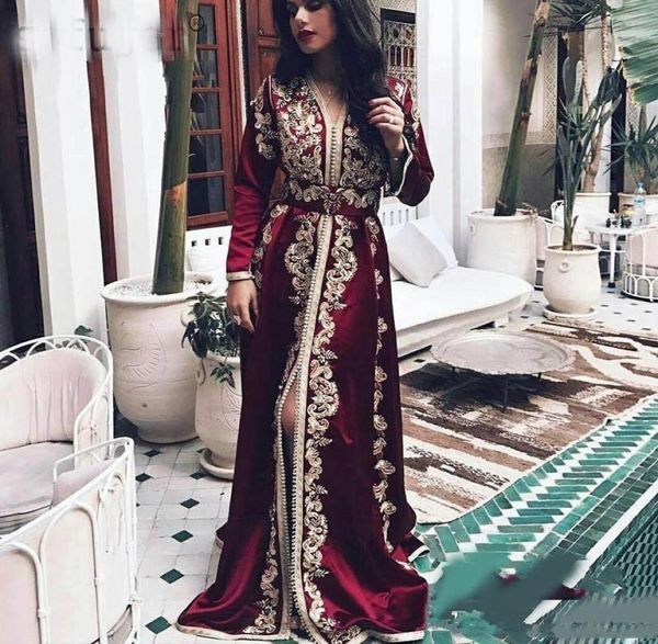 Burgundy Moroccan Kaftan Evening Dresses Long Sleeves Lace Appliques Muslim Split Front Arabic Muslim Special Occasion Formal Part3781206