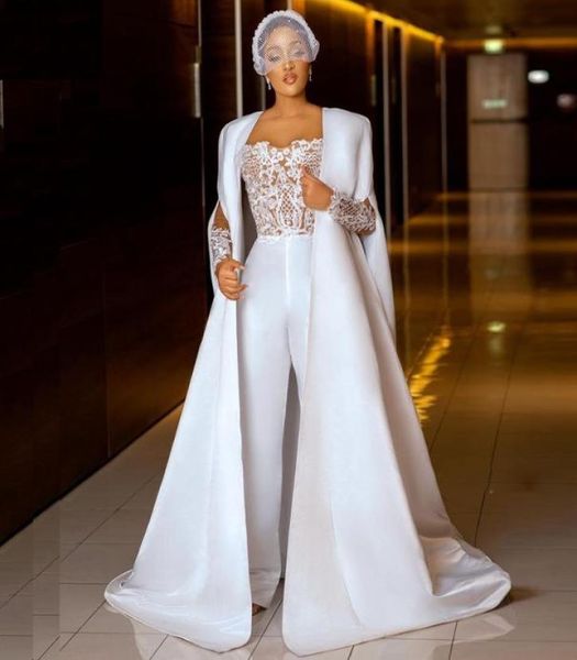 Jumpsuit Wedding Dresses with Jacket Sheer Neck Lace Appliques Outift Bridal Gown Satin Wedding Dress 20216404009