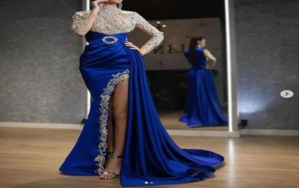 2022 Prom Dresses Party Dress Formal Evening Gowns Sexy Bling Royal Blue Split Sheath High Neck Long Sleeves Crystal Beading Side 7196134