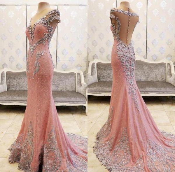 Bling Bling Elegant Pink Long Mermaid Evening Dresses Crystal Beaded Short Sleeves Women Crystal Beaded Formal Prom Dress3976968