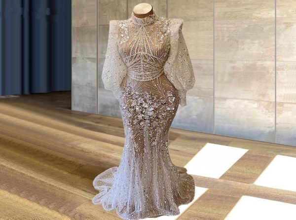 Desinger Beaded Collar Mermaid Women Formal Evening Dresses With Sheer Long Sleeves Plus Size See Through Prom Gowns Robe De Soire5630786