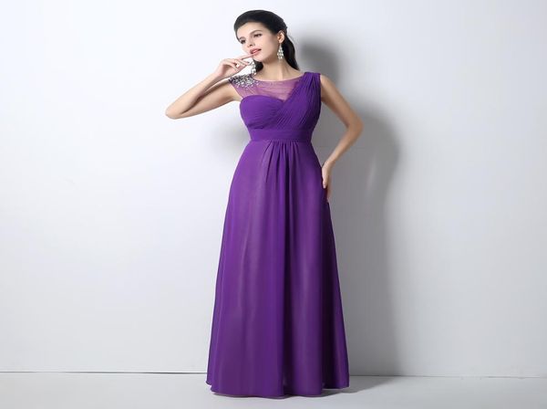 2021 Women Purple Chiffon Evening Dresses A Line Floor Length Long Illusion Neck Bridedmaid Party Gowns with Crystals Beads9196363