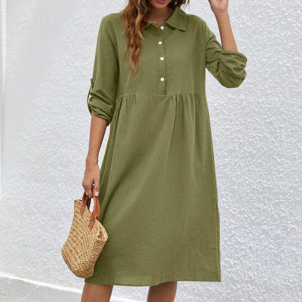 Casual Dresses For Women 2024 Plus Size Button Lapel Summer Female Dress Roll Tab Sleeve Mid Length Cotton Linen Loose Qutfits