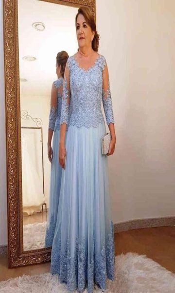 Plus Size Mother Of Bride Dress For Wedding Party Light Blue 34 Long Arm Ladies Formal Evening Prom Dress vestidos de novia32506479256878