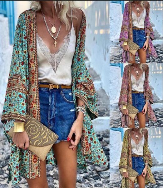 Women Blouses Cardigan Summer Open Front Bohemian Floral Printed Blouse Kimono Casual Loose Beach Tops Vintage Long Sleeve8690348