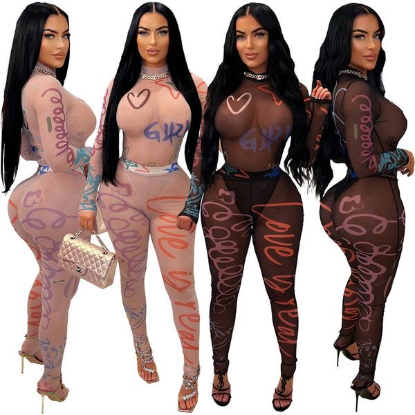 2024 Designer tracksuits Sexy Mesh Bodysuits Leggings Two Piece Set Women Spring Long Sleeve Sheer Printed Outfits See Through Wholesale Clothing 10817