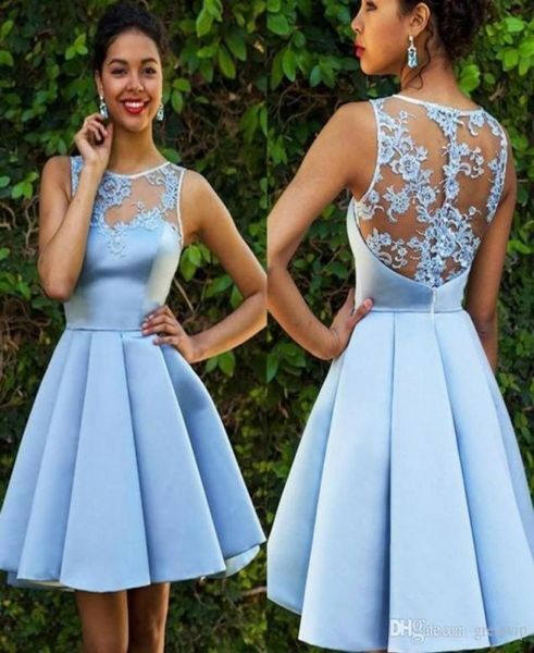 New Sexy Sky Blue Short Prom Dresses Jewel Sleeveless Lace Appliques Satin Ruffle Cooktail Dress Special Occasion Homecoming Gown2509315