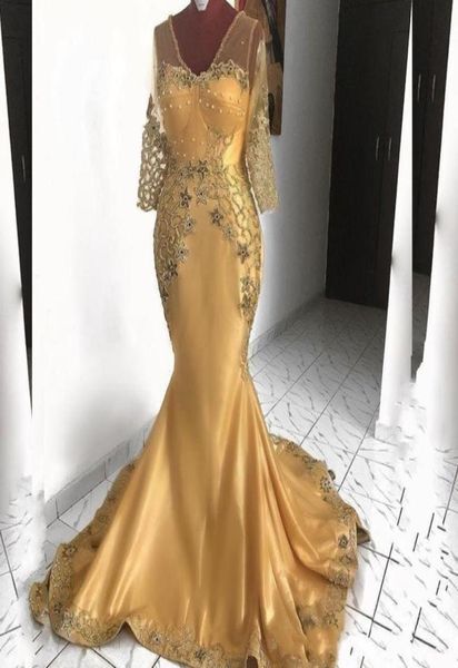 2020 Gold Sexy Mermaid African Mother of Bride Dress V Neck Lace Beaded Evening Dresses Formal Party Prom Gowns3972533