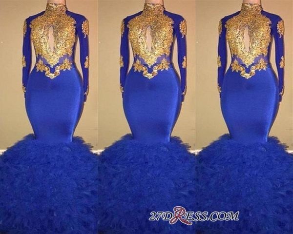 2019 Royal Blue Prom Dress Mermaid Formal Party Gown Long Sleeve Black Girl Evening Dresses Sexy Mermaid Custom Made Plus Size Dre1338964