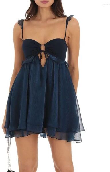 Casual Dresses Women Summer Cami Dress Sleeveless Solid Color Cutout Front Tie-Up Mini Y2k Backless Flowy Mesh Short