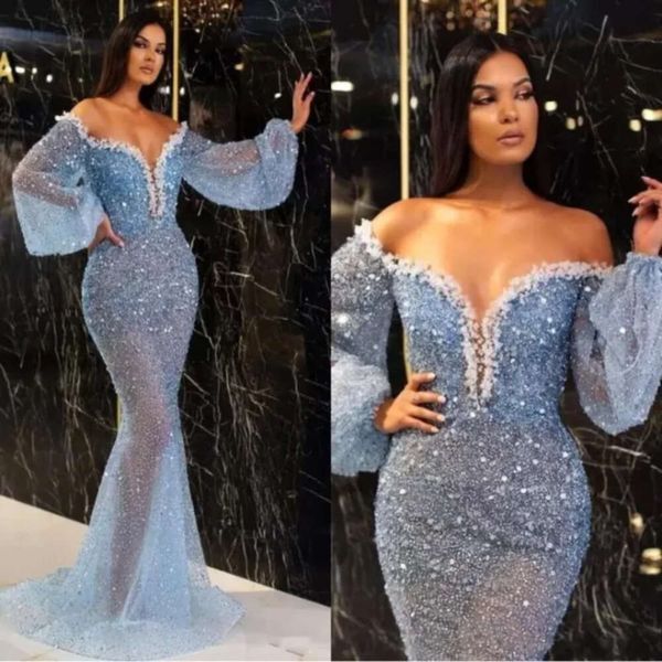 Sequined Mermaid Sparkle Evening Dresses Heavy Pearls Beads Prom Dress Abiti Cerimonia Da Sera Formal Long Sleeves