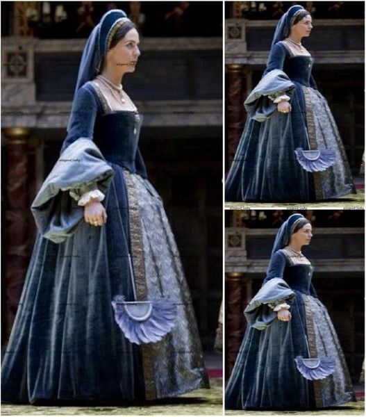 Navy Blue Victorian Gothic Evening Formal Dresses Civil War Southern Velvet Lace Long Sleeve Square Halloween nun Prom Gowns7193297