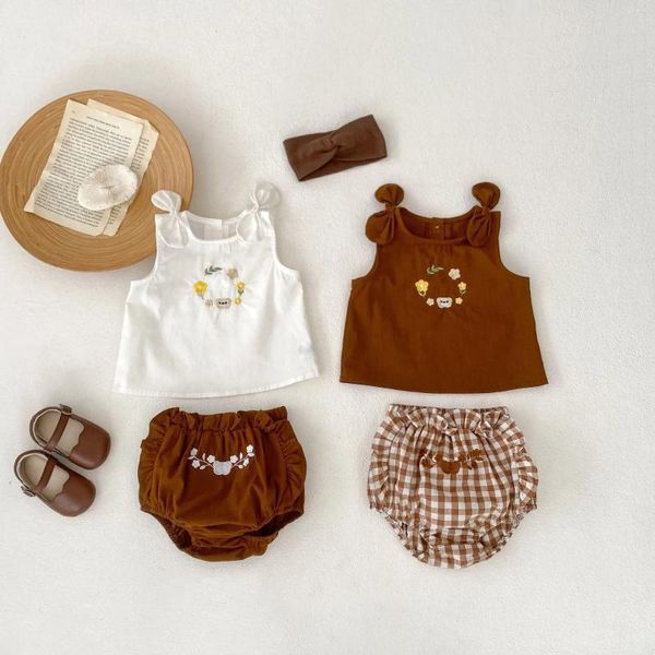 Clothing Sets Baby Summer Romper Suits Sleeveless Embroidery Cotton Tops Plaid Print Shorts 2pcs Born Soft Outfit