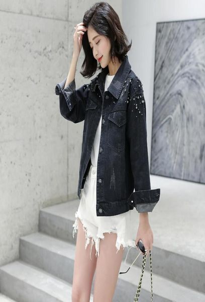 Korean Casual Beading Short Jeans Jacket Women Vintage Black Soft Fabric Turn Down Collar Long Sleeve Basic Outwear Denim Coats1547180
