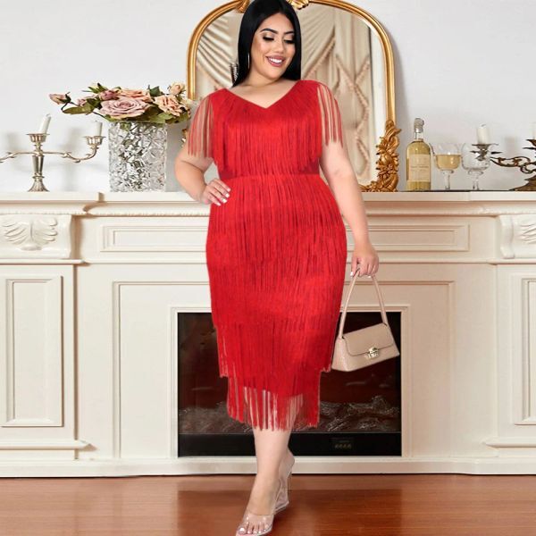 Dresses Plus Size Women Party Dresses Tassels Fringe V Neck Sleeveless Dresses Lady Fashion Elegant Gowns 2023 Summer Casual Outfits