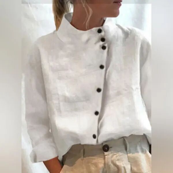 Women&#039;s Blouses Women Cotton Button-down Shirt Loose Fit Top Vintage Stand Collar Oversized Blouse For With Solid Long Sleeves Summer