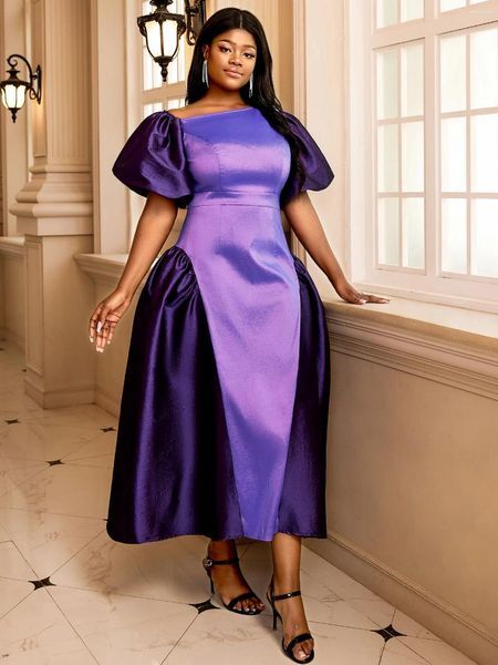 Plus Size Dresses Women Evening Cocktail Party Cold Shoulder Short Puff Sleeve Color Block Purple A Line Elegant Long Gowns