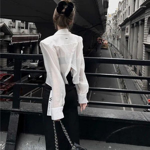 Women&#039;s Jackets Fashion Sexy Backless Split Mesh Shirts Women Summer Notched Collar Blouses Y2k E-Girl Long Sleeve Sun Protection Coats