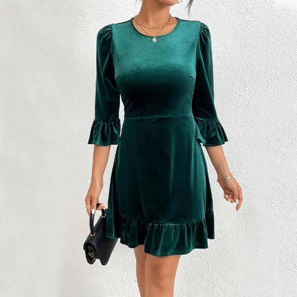 Casual Dresses Women&#039;s 2024 Autumn/Winter Round Neck Slim Fit Ruffle Edge Short Skirt Elegant And Velvet Dress