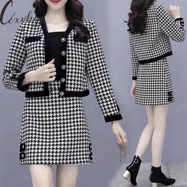 Work Dresses Women &#039;S Houndstooth Vintage Jacket Outfits 2024 Autumn Winter Single Breasted Cropped Coat Mini Skirt Two Peice Suit Plus Size