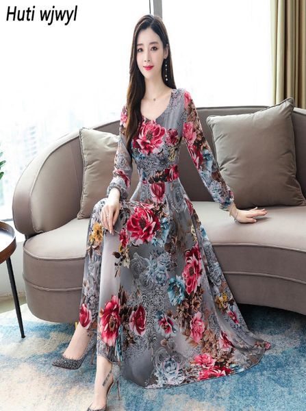 Vintage Long Sleeve Maxi Dresses Autumn Winter New 3XL Plus Size Floral Chiffon Dress Elegant Women Bodycon Party Vestidos 2011253229336