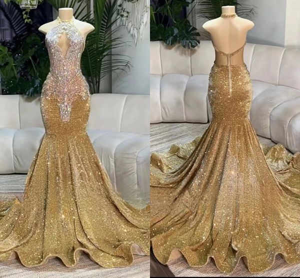 Luxury Gold Sequined Evening Dresses For Women Halter Sparkly Crystals Beaded Mermaid Special Occasion Gowns Backless Second Reception Birthday Prom Dress CL3296