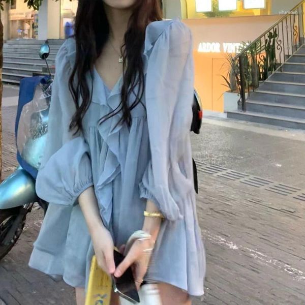 Women&#039;s Blouses Woman Elegant Fashion V-neck Chiffon Shirt Female Clothing Summer Sweet Ladies Long Sleeve Solid Color Button Blouse G393