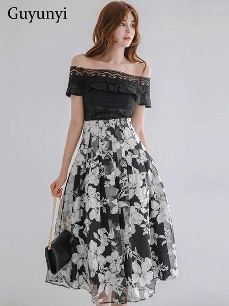 Party Dresses Vintage Dress Black Lace Sexy Off Shoulder Slash Neck Ruffled High Waist Panel Mesh Print Large Swing A-line Elegant