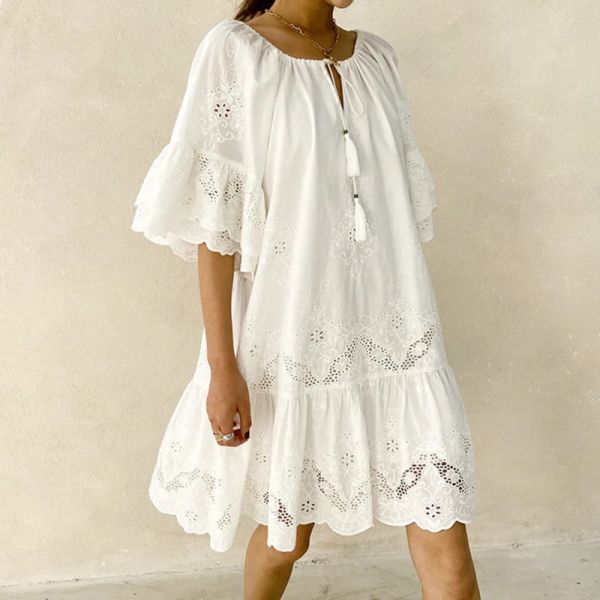 Dresses Summer Dress Midi Skirt Cotton Dresses Women Loose White Lace Hollow Out Vestidos Embroidery Pullover Holiday Beach Boho Short