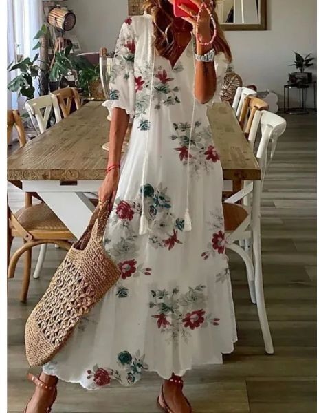 Dresses Summer Flower Print Maxi Dresses For Women V Neck Short Sleeve Casual Loose Long Dress Boho Beach Holiday Robe