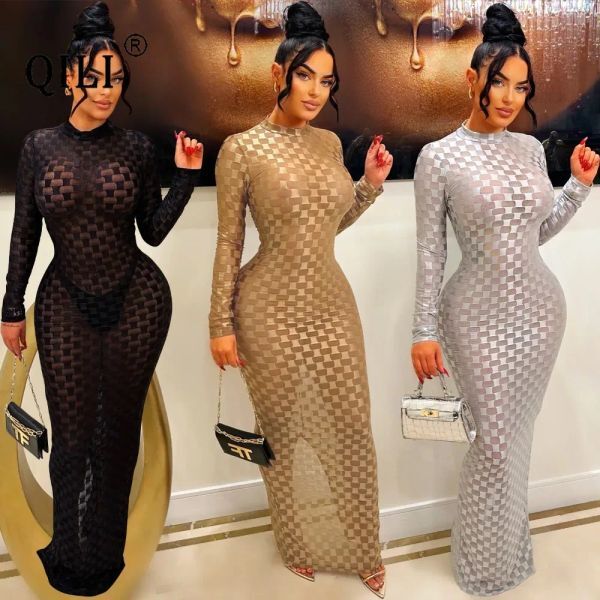 Dresses QILIWomen&#039;s Plaid Mesh See Through Full Sleeve Long Dress, Black, Gold and Silvery, Slim Waist, Women Party Club Dresses