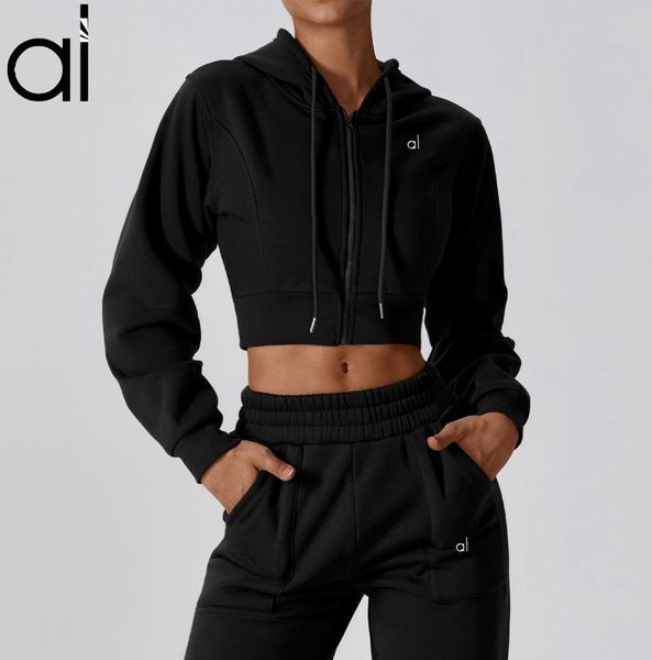 AL Yoga Suits Micro Jackets Cropped Sweatshirts+ Sweatpants Thick Full Zip Up Hoodies Break Line Laidback Streetwear Jogger Sportswear Lantern Sports Pants 3D Logo