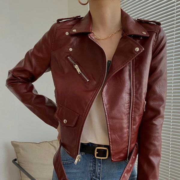 Jackets New 2022 Fashion Women&#039;s Leather Jacket Female PU Leather Jacket Motorcycle Coat Slim Faux Leather Jacket Black Red Coat