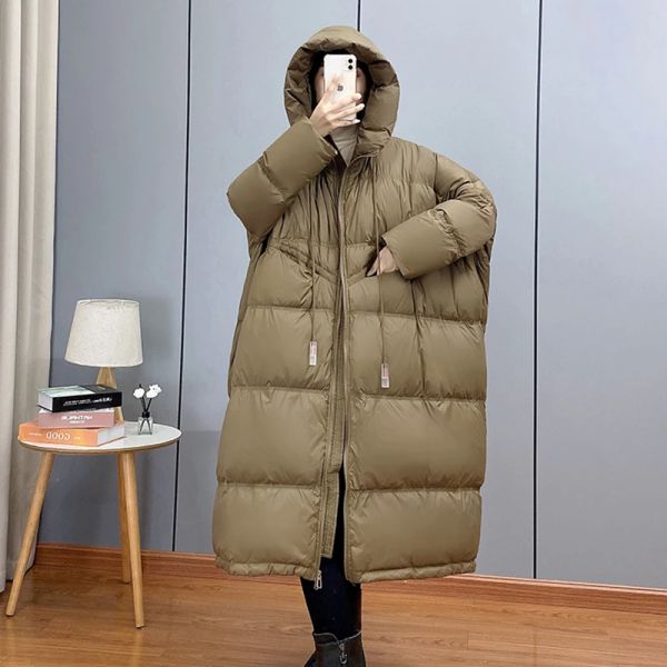 Coats Janveny 2023 New Winter Hooded Drawstring Loose Puffer Jacket Women Solid Casual Silhouette Long 90% White Duck Down Warm Coat