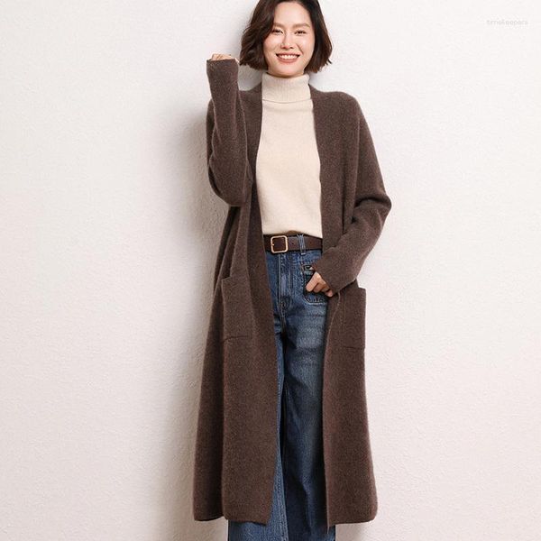 Women&#039;s Sweaters Four Flat Needle Double-sided Cashmere Cardigan Autumn And Winter 2023 Medium Long Loose Knitting Sleeve Coat