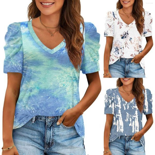 Women&#039;s T Shirts Womens Summer Tops V Neck Casual Tshirts Puff Sleeve Basic Women Button Down Blouse