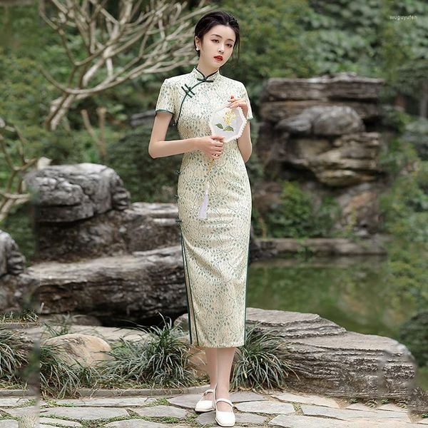 Ethnic Clothing Elegant Summer Green Lace Daily Cheongsam Improvement Stand-up Collar Slim Retro Fashion Qipao Chinese Style Dress For Women