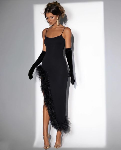 Elegant Short Black Crepe Evening Dresses With Feathers Sheath Spaghetti Straps Zipper Back Prom Dresses Robe De Soiree Formal Party Gown for Women