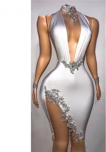 Little White Dress Sexy Short Prom Dresses Beaded Appliques Party Evening Dress Mermaid Mini Cocktail Gown High Slit Homecoming Go307M