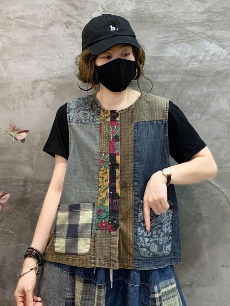 Women&#039;s Vests Summer Chinese Style Tanks Coats Vintage Loose Denim Ladies Casual Fashion Patchwork Sleeveless Outerwear Clothes