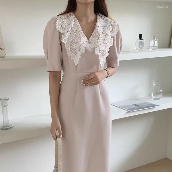 Party Dresses Temperament Vintage Elegant Female Embroidery Big Lapel Dress 2023 Summer Korean Chic Waist Puff Sleeve Solid Robe