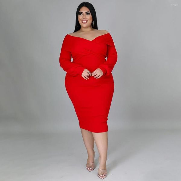 Plus Size Dresses Women 4xl Red Dress Solid Off Shoulder Elegant Lady Fashion Party Evening Robe Luxury Wholesale Fall Clothing