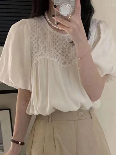 Women&#039;s Blouses Korean Chic Summer Blouse Ladies Simple O-neck Hollow Embroidery Stitching Sweet Baby Loose Short Sleeve Shirt Women Shirts
