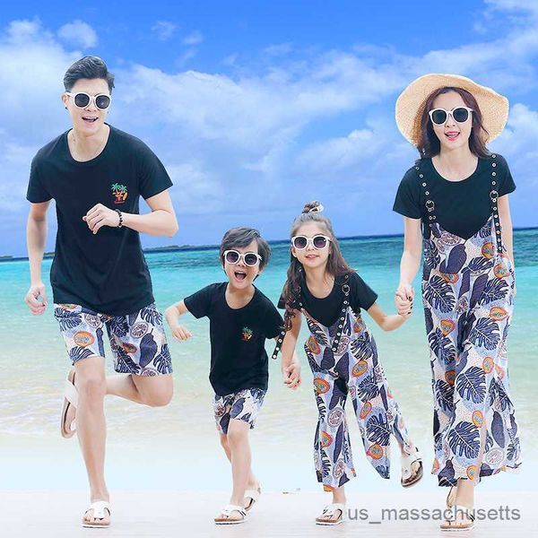 Family Matching Outfits Cotton Summer Family Matching Outfits Casual Mum Daughter Elegant Strap Leg Pants Dad SonVacation Beach Shorts Suit R230810